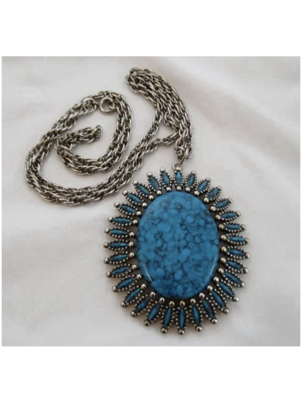JJ Jonette Signed Vintage SilverTone Faux Turquoise Necklace 23" Chain Zuni Vibe